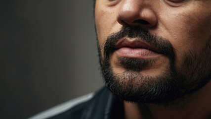 Obraz premium Man face close up. Nose mouth and dark beard details on skin. Neutral expression against gray background.