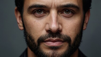 Obraz premium Man face close up. Dark hair and beard. Brown eyes looking straight ahead. Neutral expression with gray background.