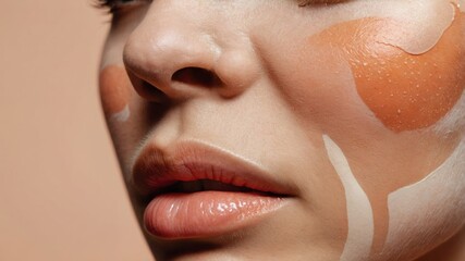 Face with light skin shows orange and white color paint. Smooth surface reveals nose, mouth, and facial contours. Beige color background.