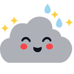 A cute smiling dark grey cloud with falling blue raindrops. Fun and friendly weather icon in flat cartoon style, ideal for kids projects, apps, and educational designs.