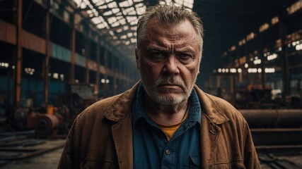 Fototapeta premium Stern gaze within dark factory. Older man wears brown coat and blue shirt. Visible metal structures, machinery and debris throughout empty building interior.