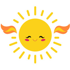 CuacaAdorable cartoon sun with smiling face and colorful wings in kawaii style. Perfect for kids illustrations, summer themes, cheerful designs, or educational weather-related graphics and decorations