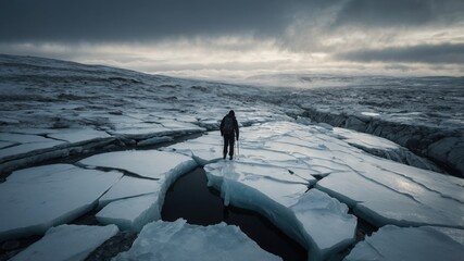 Naklejka premium Person stands alone on broken ice. Grey cold day over icy cracked land. Backpack and ice axe are visible.