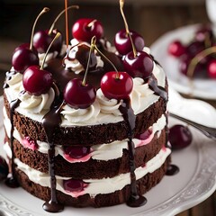A classic Black Forest cake with soft chocolate cake base, with soft white cream studded with red cherries. 