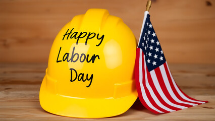 Happy Labour Day text  in a yellow helmet with usa flag