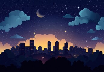 Night city skyline with clouds and stars