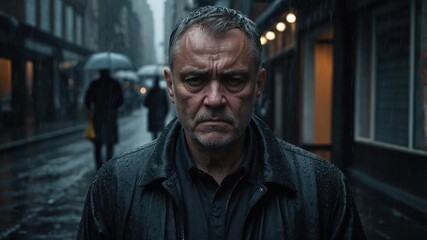 Fototapeta premium Man stares forward on wet city street. Rain falls. People walk with umbrellas in background. Building lights glow dimly.