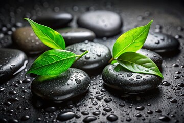 Dewkissed Emerald Leaves on Wet Black Stones A Closeup Celebration of Natures Vibrancy