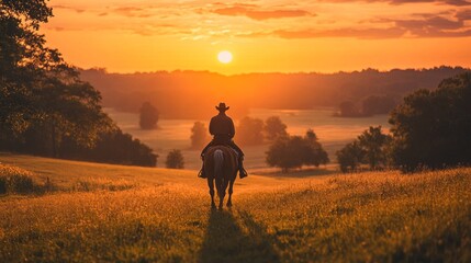A farmer rides a horse through peaceful cattle at dusk, with the golden sun setting over rolling hills. The soft light creates a serene and beautiful atmosphere in the countryside