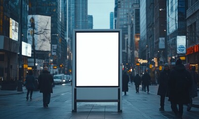 Blank Billboard Display Stands on City Street with Pedestrians Walking by