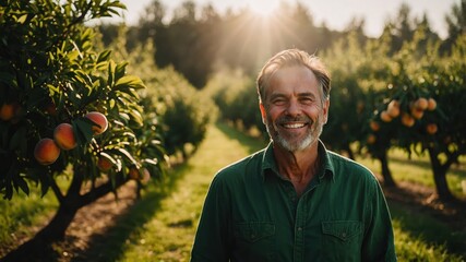 Man smiles in peach orchard. Fruit trees with peaches on branches line grassy rows. Sunlight shines through trees above.