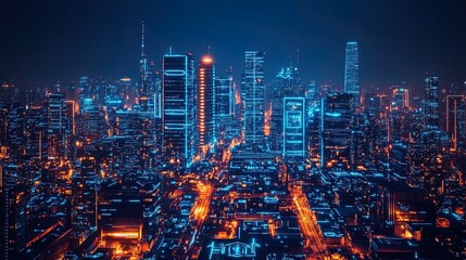 Fototapeta premium A futuristic city skyline with high-tech buildings, glowing lights, and sleek designs at night