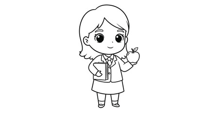Chibi Teacher Coloring Page Holding Book & Apple - School Kids Education Fun Outline