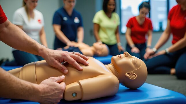 Hands performing CPR on a dummy during a first aid training session, with blurred participants in the background.