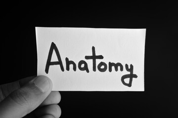 Hand holding a paper card with the word ANATOMY