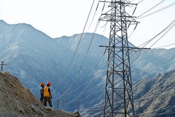 Two workers inspecting high-voltage power lines in a mountainous area with clear skies