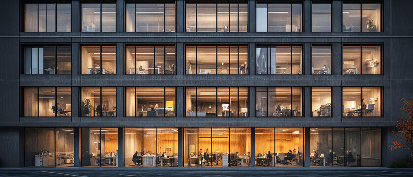 Nighttime office life captured through large windows showcasing dedicated workers in a modern building