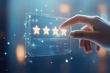 Fototapeta premium User interacting with a digital rating interface, highlighting three stars in a modern environment