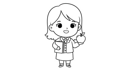 Obraz premium Cute Chibi Teacher Coloring Sheet with Book & Apple - Printable School Activity Art