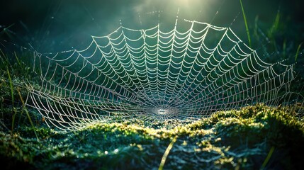 Detailed view of a spider web glistening in the sunlight.