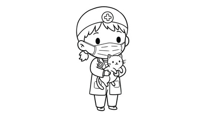 Obraz premium Chibi Veterinarian Coloring Page Holding Small Cat - Kids Pet Care Animal Outline