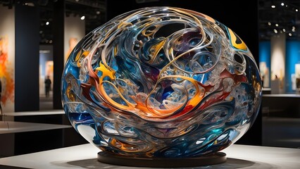 One of the stunning glass sculptures in the abstract art exhibit has a cosmic theme.