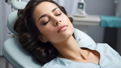 A stunning woman closes her eyes and lies in a dentist chair.  In a medical facility, a female patient is calmly undergoing a dental examination.  She appreciates a clean environment, pleasant service