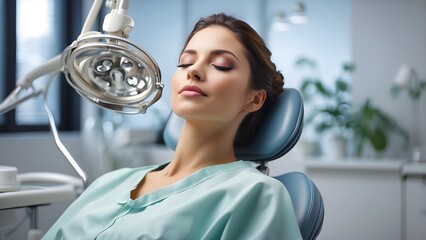 A stunning woman closes her eyes and lies in a dentist chair.  In a medical facility, a female patient is calmly undergoing a dental examination.  She appreciates a clean environment, pleasant service