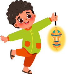 Joyful Boy with Illuminated Festive Lantern, Celebratory Dance
