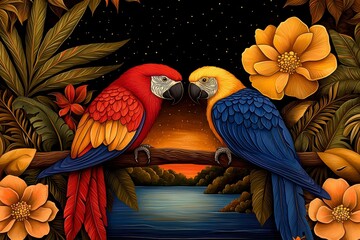 Red and Blue Macaws at Sunset in Tropical Setting