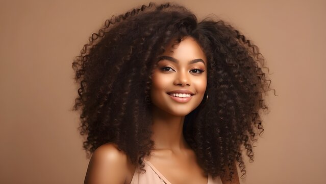 African American girl in a beauty image with clear, healthy skin on a beige backdrop.  A dreamy, gorgeous ebony woman with a smile. Curly hair styled in an afro