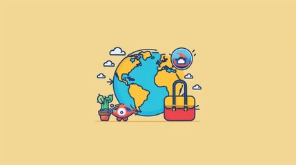 Illustration of Globe, Suitcase, and Cactus for Travel and World Exploration