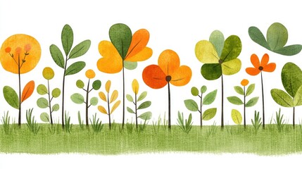 Cute autumnal trees and flowers border