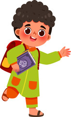 Smiling Boy in Thobe Carrying Book and Backpack, Walking
