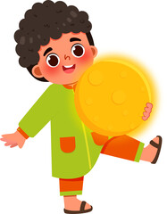 Joyful Boy with Glowing Orb, Festive Cartoon Illustration