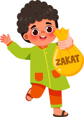 Joyful Child Carrying Zakat Donation Bag