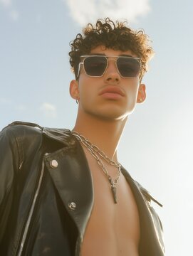 Curly-Haired Male Model in Leather Jacket and Chains