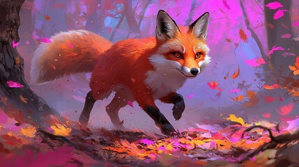 Fototapeta premium Red Fox in Vibrant Autumn Forest Digital Painting
