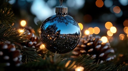Dark blue Christmas ornament on a tree