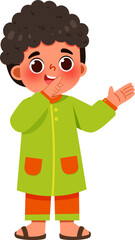 Playful Boy in Green Thobe Gesturing, Cartoon Illustration