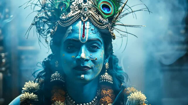 Divine presence: Krishna video, Vishnu avatar, supreme deity, spiritual essence, mythological figure, revered manifestation, Yadava lineage, eternal wisdom, Hindu tradition, celestial radiance.