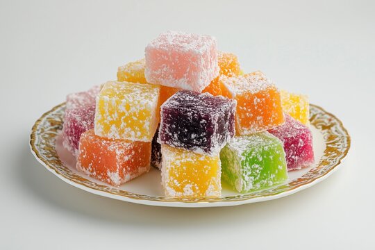 colorful turkish delight lokum on little plate on white background