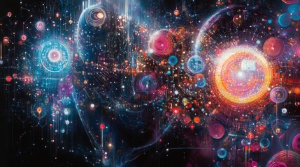 Vibrant Cosmic Nebula with Glowing Planets
