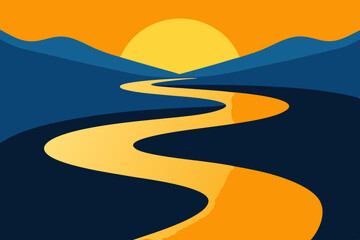 Sunset Illustration of Gradient beach landscape silhouette vector background