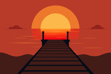 Sunset Illustration of Gradient beach landscape silhouette vector background