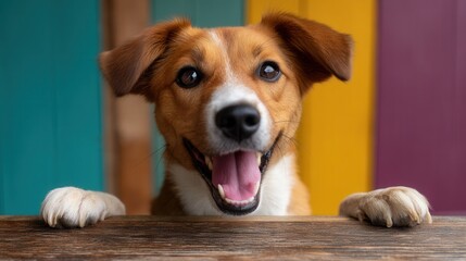 Happy playful dog smiling with paws on wooden table against colorful background