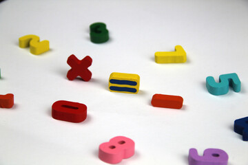 On a white background there are mathematical signs, in a crumpled shape of numbers. The concept of...