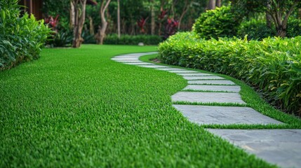 Front lawn with a garden path leading to the house entrance