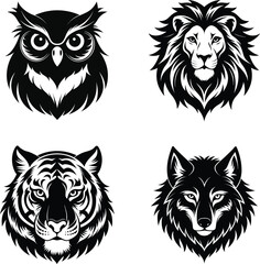 set of black and white tiger, lion, owl and wolf silhouette