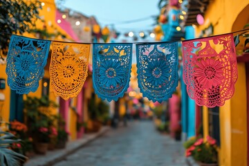 Colorful Papel Picado Decorations on String in Mexican Village Street Daytime Shot